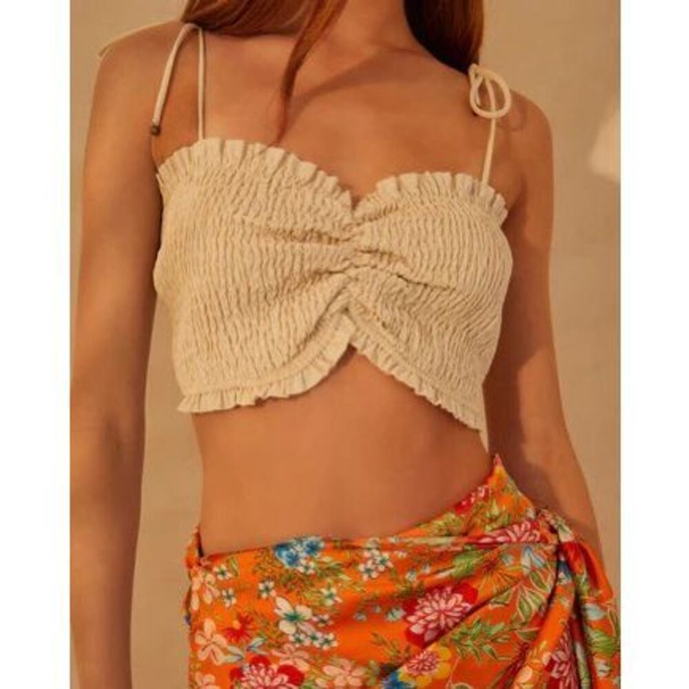 VICI Smocked Boho Crop Top Sand Medium Linen